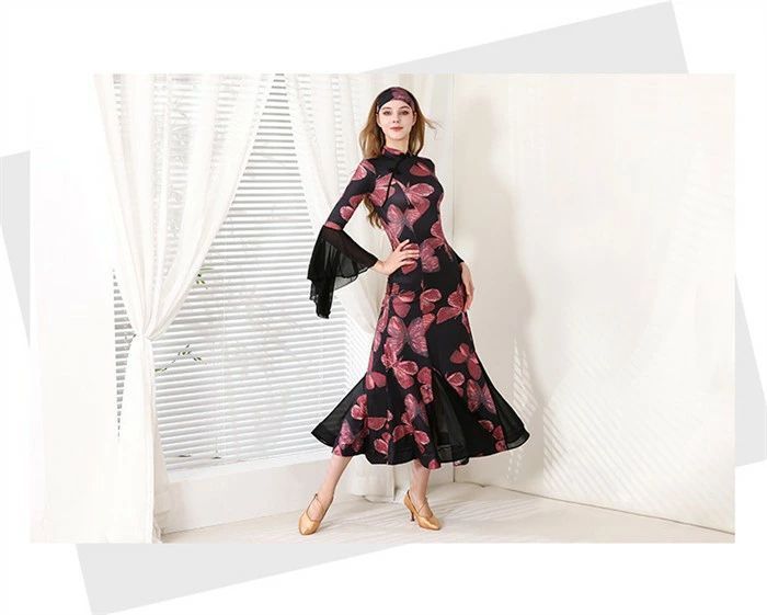 社交ダンス ドレス チャイナ風 モダンドレス ブラック 蝶柄 社交ダンス