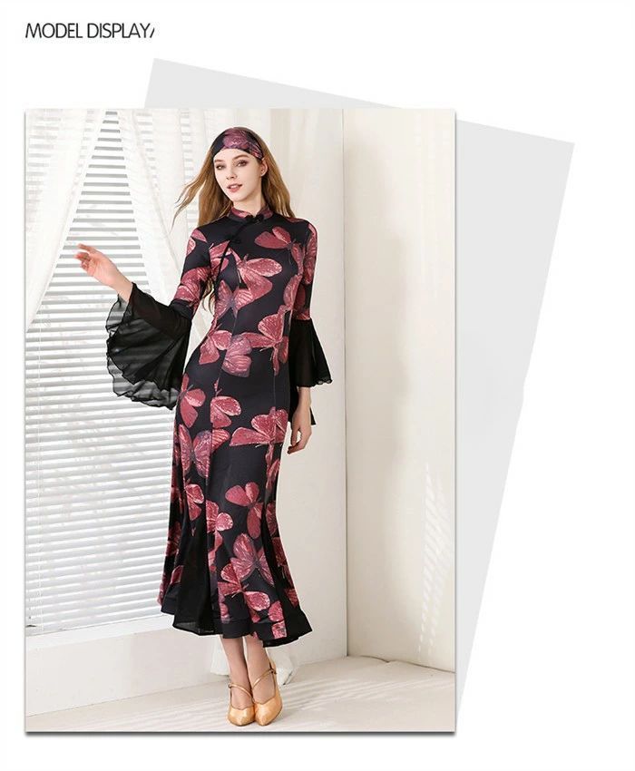 社交ダンス ドレス チャイナ風 モダンドレス ブラック 蝶柄 社交ダンス衣装 長袖 ワルツ レディース ハイネック フリル 民族ダンス ワンピース ダンス衣装 ステージ衣装 イベント パーティー 発表会 競技用 コンクー