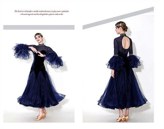  2 way 社交ダンス ドレス ロングドレス フリル モダンドレス 袖飾り ハイネック ネイビー 紺 長袖 大きい裾 モダン ワルツ レディース ワンピース ダンス衣装 ステージ衣装 イベント パーティー 発表会 ドレス ダンス衣装 社交ダンス