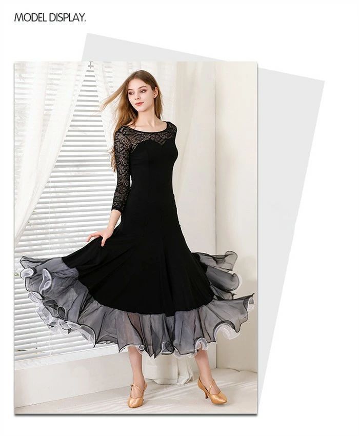 社交ダンス ドレス モダンドレス 透け感 黒 ブラック フリル レース 社交ダンス衣装 長袖 大きい裾 モダン ワルツ レディース ワンピース ダンス衣装 ステージ衣装 イベント パーティー 発表会 競技用