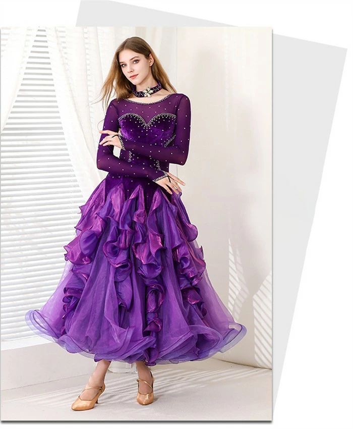 社交ダンス ドレス 2点セット フリル モダンドレス ラインストーン ビジュー 首飾り チョーカー パープル 紫 長袖 大きい裾 モダン ワルツ レディース ワンピース ダンス衣装 ステージ衣装 イベント パ