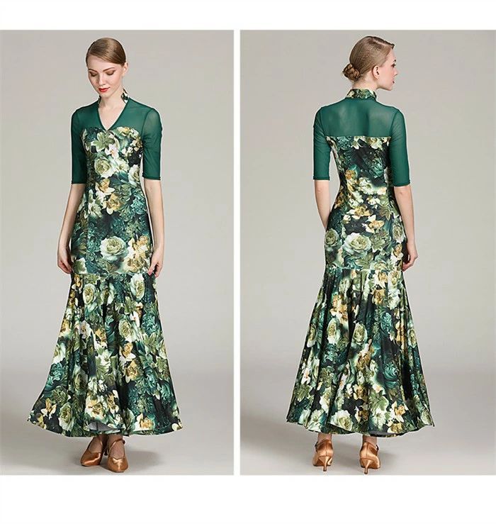 社交ダンス ドレス ロングドレス モダンドレス グレー グリーン 緑