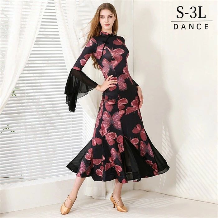 社交ダンス ドレス チャイナ風 モダンドレス ブラック 蝶柄 社交ダンス