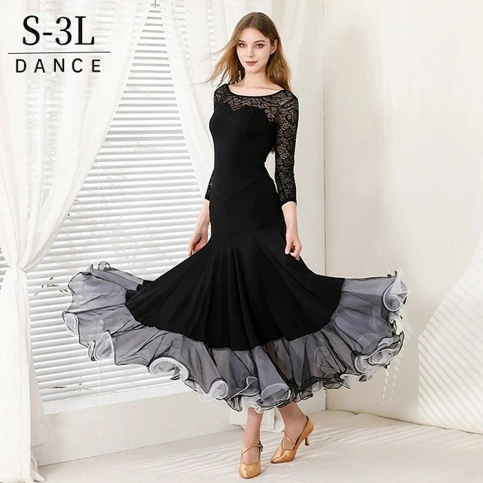 社交ダンス ドレス モダンドレス 透け感 黒 ブラック フリル レース 社交ダンス衣装 長袖 大きい裾 モダン ワルツ レディース ワンピース ダンス衣装 ステージ衣装 イベント パーティー 発表会 競技用