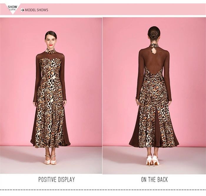 社交ダンス ドレス ロングドレス モダンドレス ヒョウ柄 コーヒー 社交ダンス衣装 大きい裾 モダン ワルツ ワンピース ダンス衣装 ステージ衣装 パーティー 発表会 競技用 コンクール 練習着 レッスン