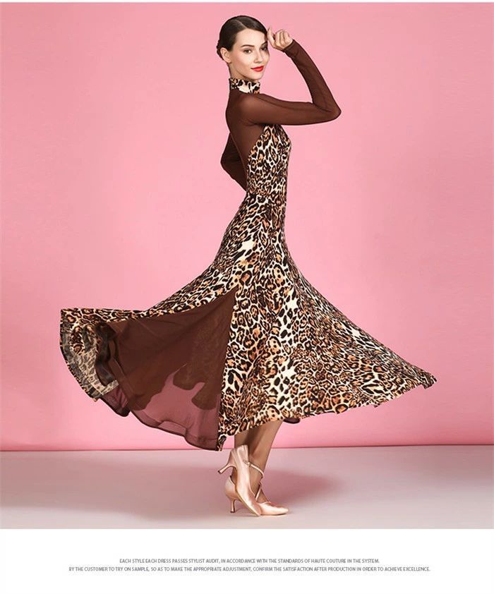 社交ダンス ドレス ロングドレス モダンドレス ヒョウ柄 コーヒー 社交