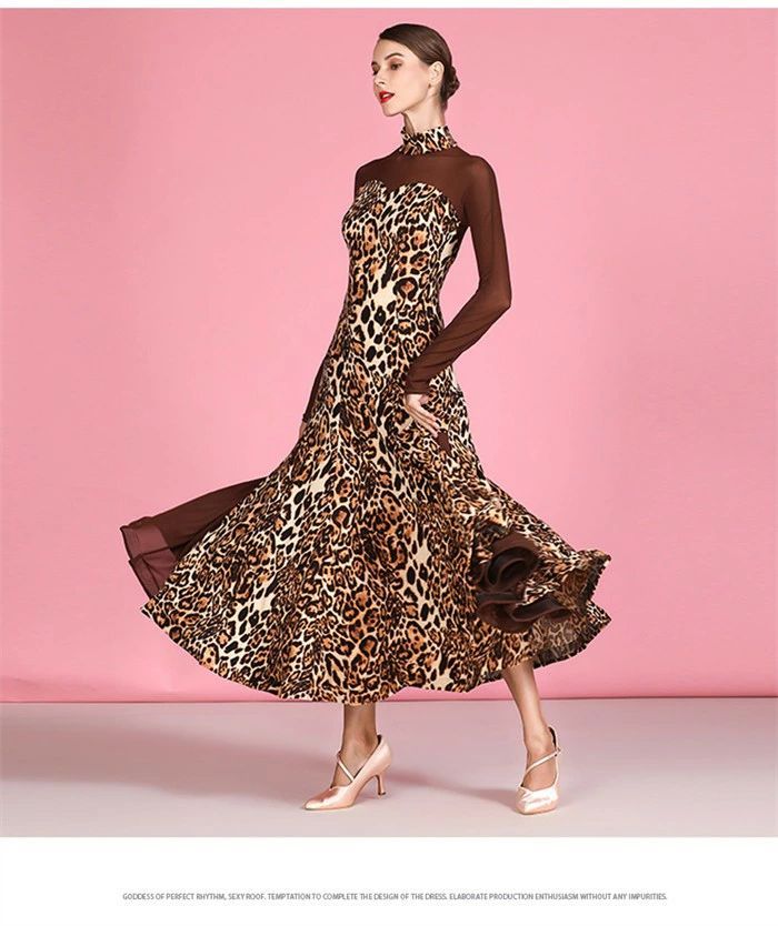 社交ダンス ドレス ロングドレス モダンドレス ヒョウ柄 コーヒー 社交