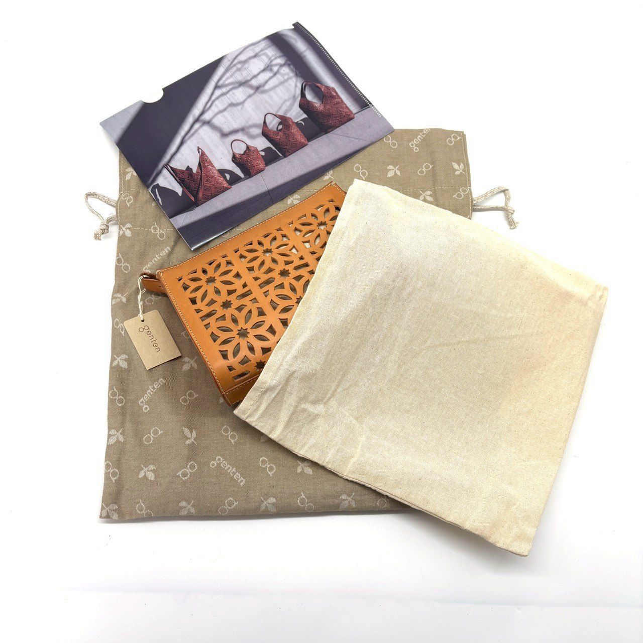 暮らしに上質な灯りを genten ポーチ カットワーク ナチュラル レザー ヌメ革 インバッグ付き 完備 ブラウン