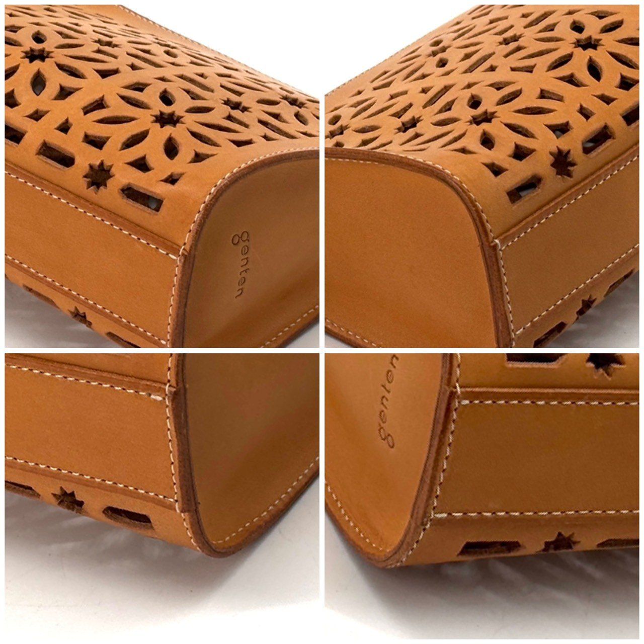  暮らしに上質な灯りを genten ポーチ カットワーク ナチュラル レザー ヌメ革 インバッグ付き 完備 ブラウン ポーチ バッグ