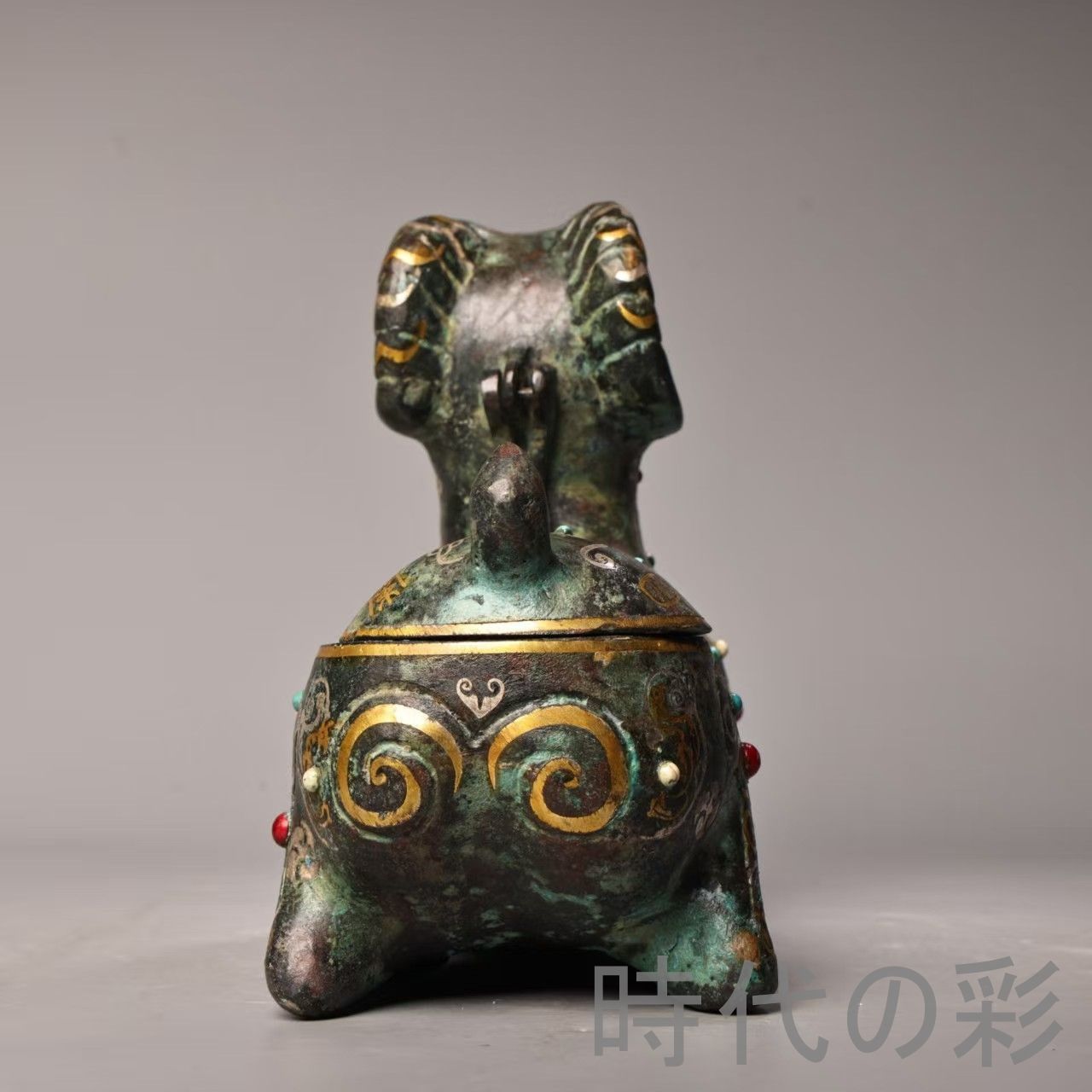 中国古美術 旧蔵『青銅 羊尊』金銀錯・宝石象嵌 青銅器 唐物 文房置物