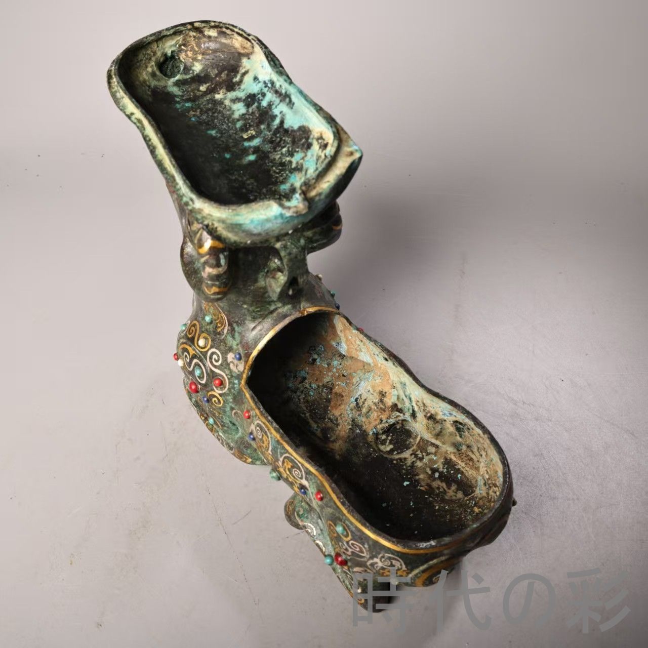 中国古美術 旧蔵『青銅 羊尊』金銀錯・宝石象嵌 青銅器 唐物 文房置物