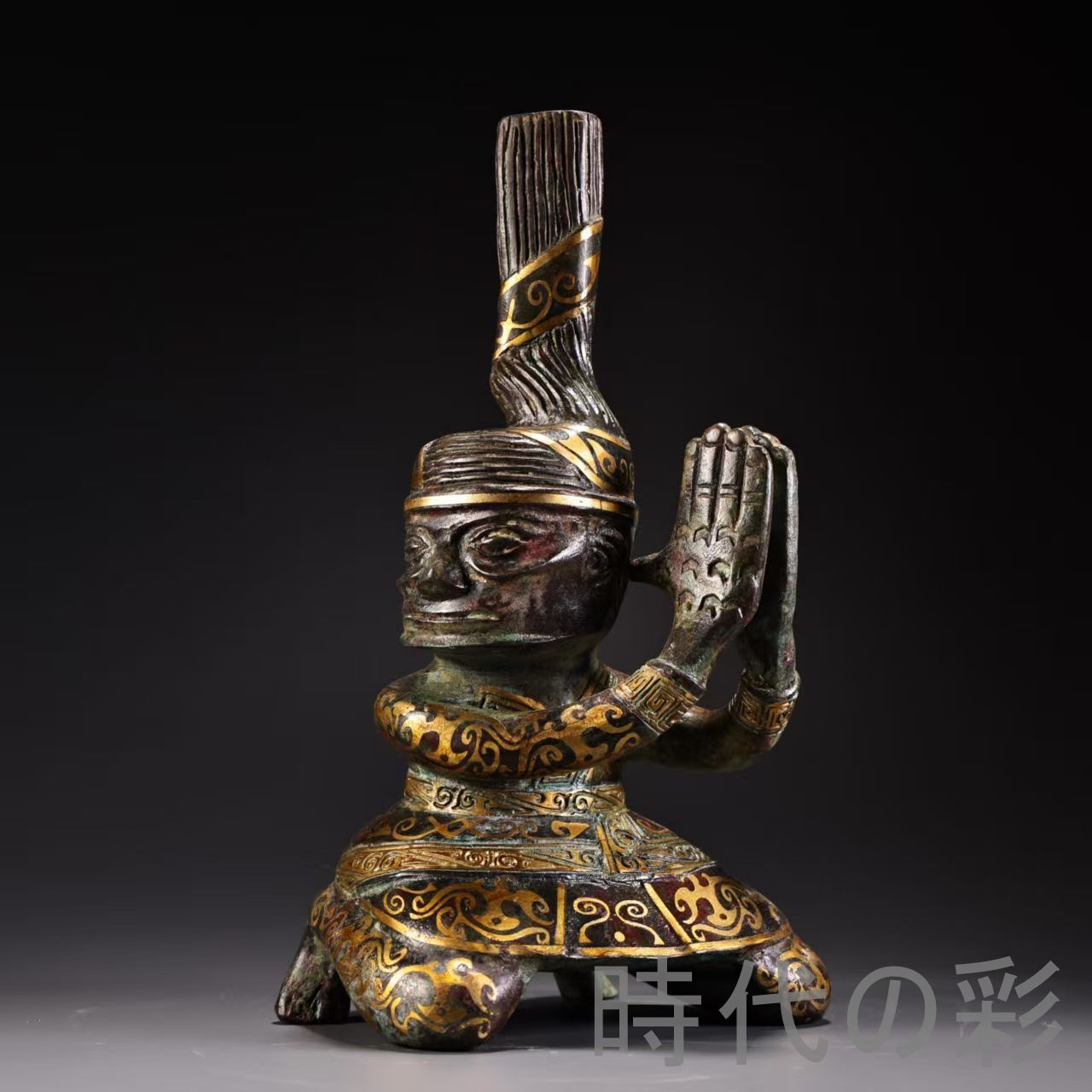 中国古美術 旧蔵『青銅器 鍍金 跪人像』高古青銅 提梁式造形 唐物 文房