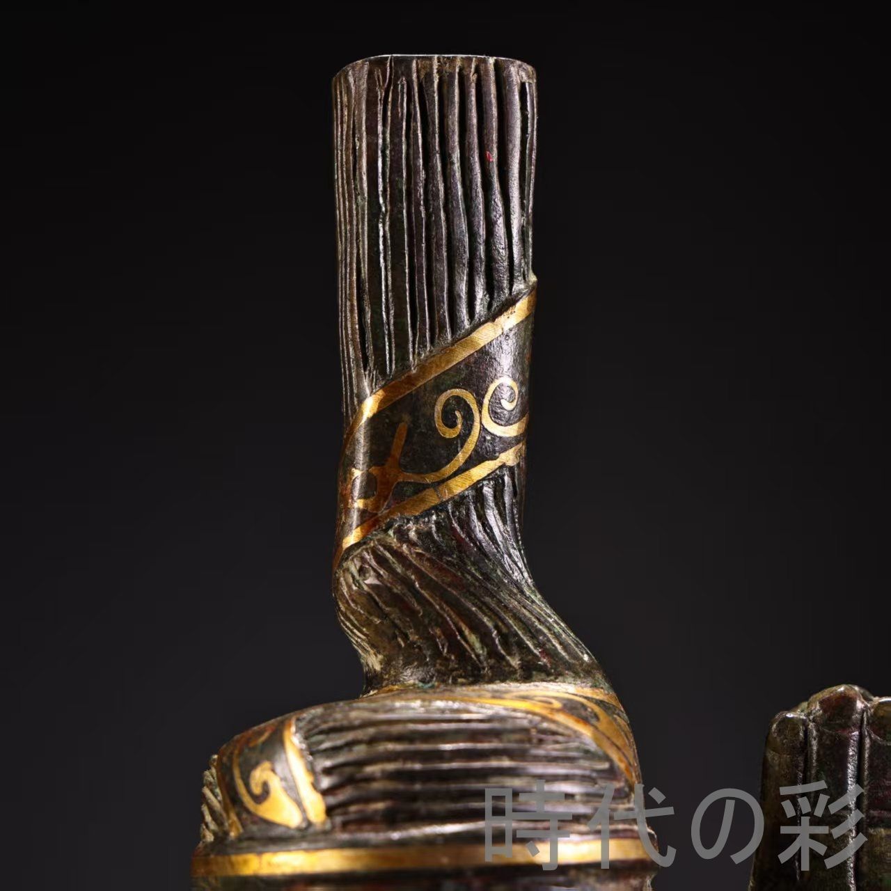 中国古美術 旧蔵『青銅器 鍍金 跪人像』高古青銅 提梁式造形 唐物 文房