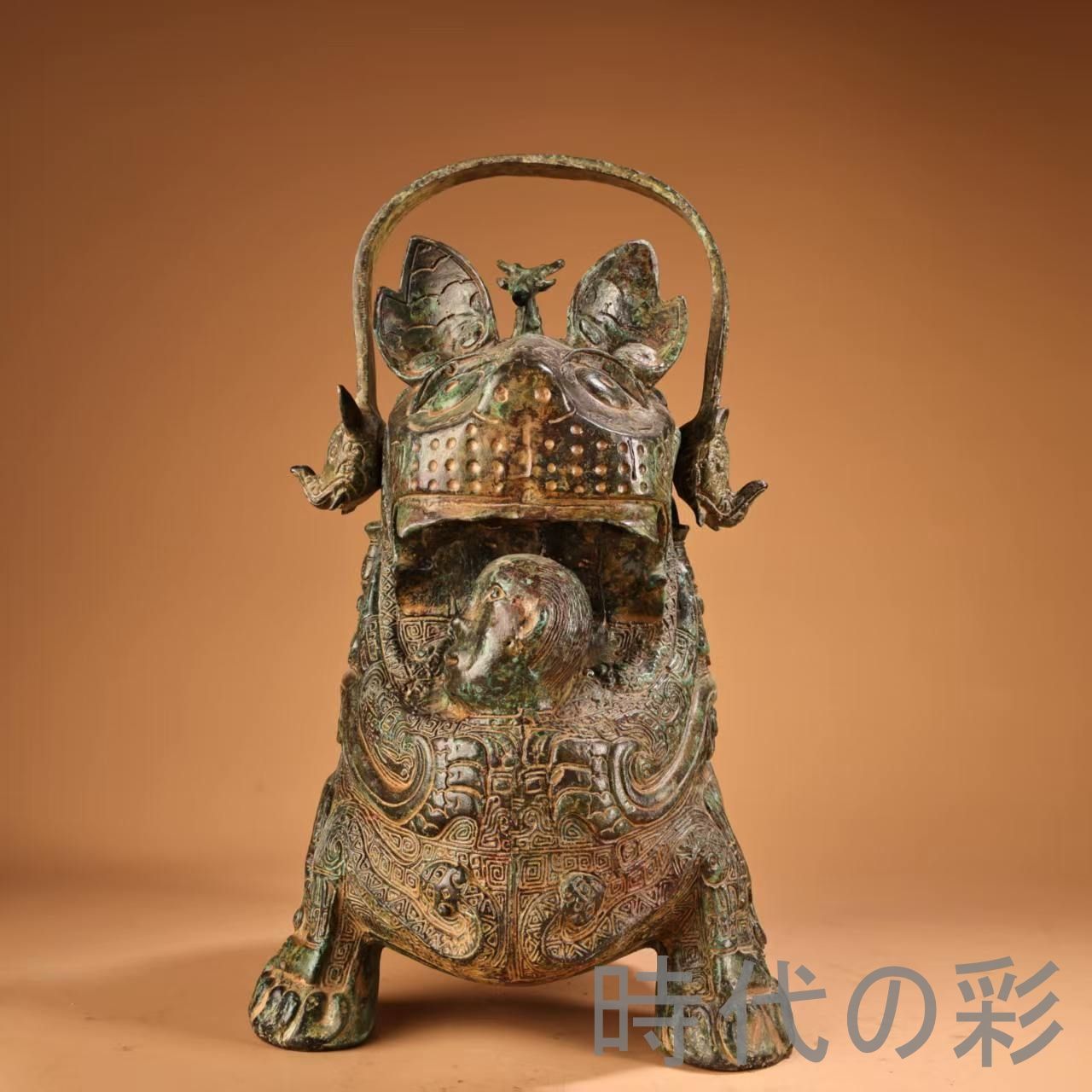 中国古美術 旧蔵『青銅器 提梁抱嬰獸?』高浮彫 大型銅? 青銅器 文房