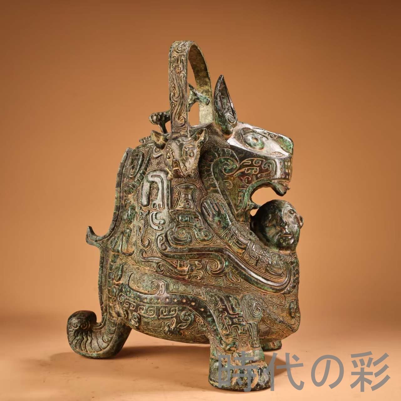 中国古美術 旧蔵『青銅器 提梁抱嬰獸?』高浮彫 大型銅? 青銅器 文房