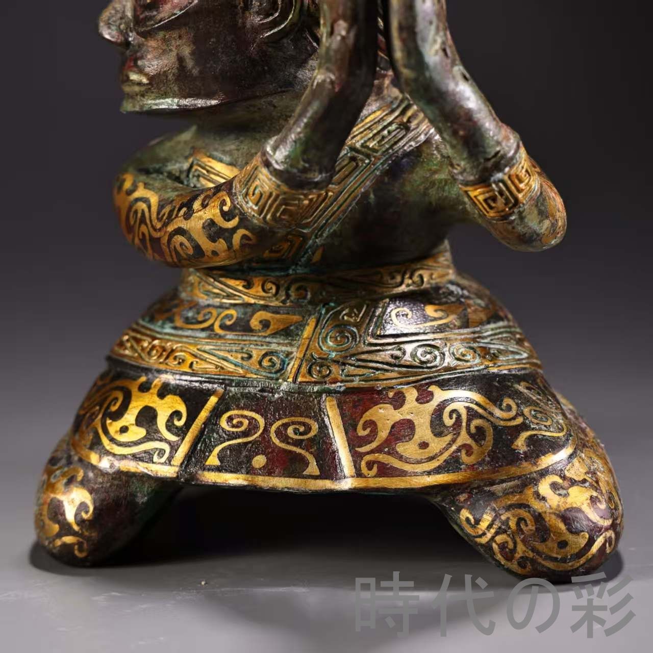 中国古美術 旧蔵『青銅器 鍍金 跪人像』高古青銅 提梁式造形 唐物 文房