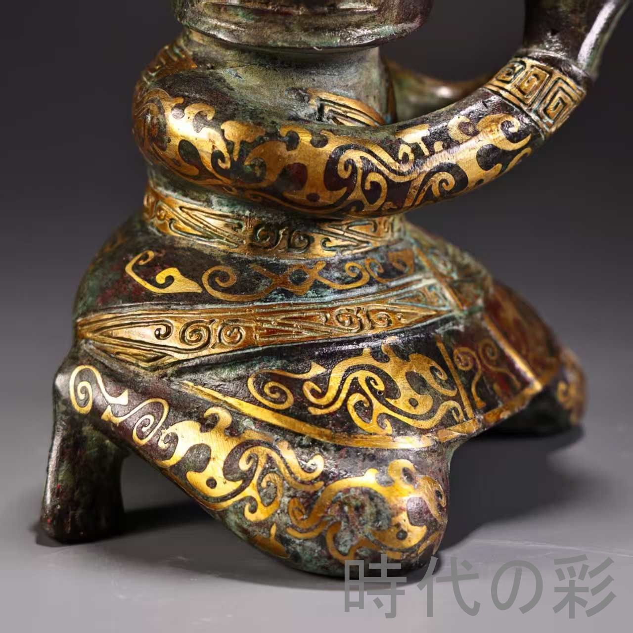 中国古美術 旧蔵『青銅器 鍍金 跪人像』高古青銅 提梁式造形 唐物 文房