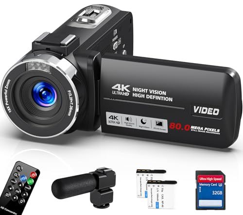 ビデオカメラ 4 K録画 8000万画素 YouTubeカメラ IRナイトビジョン 3 0 IPS HDスクリーン 270度回転 画面 自撮り18倍デジタルズーム 32 GBのSDカード MIC外部マイク 1500 mAhリチウムイオン電池 リモコン 付