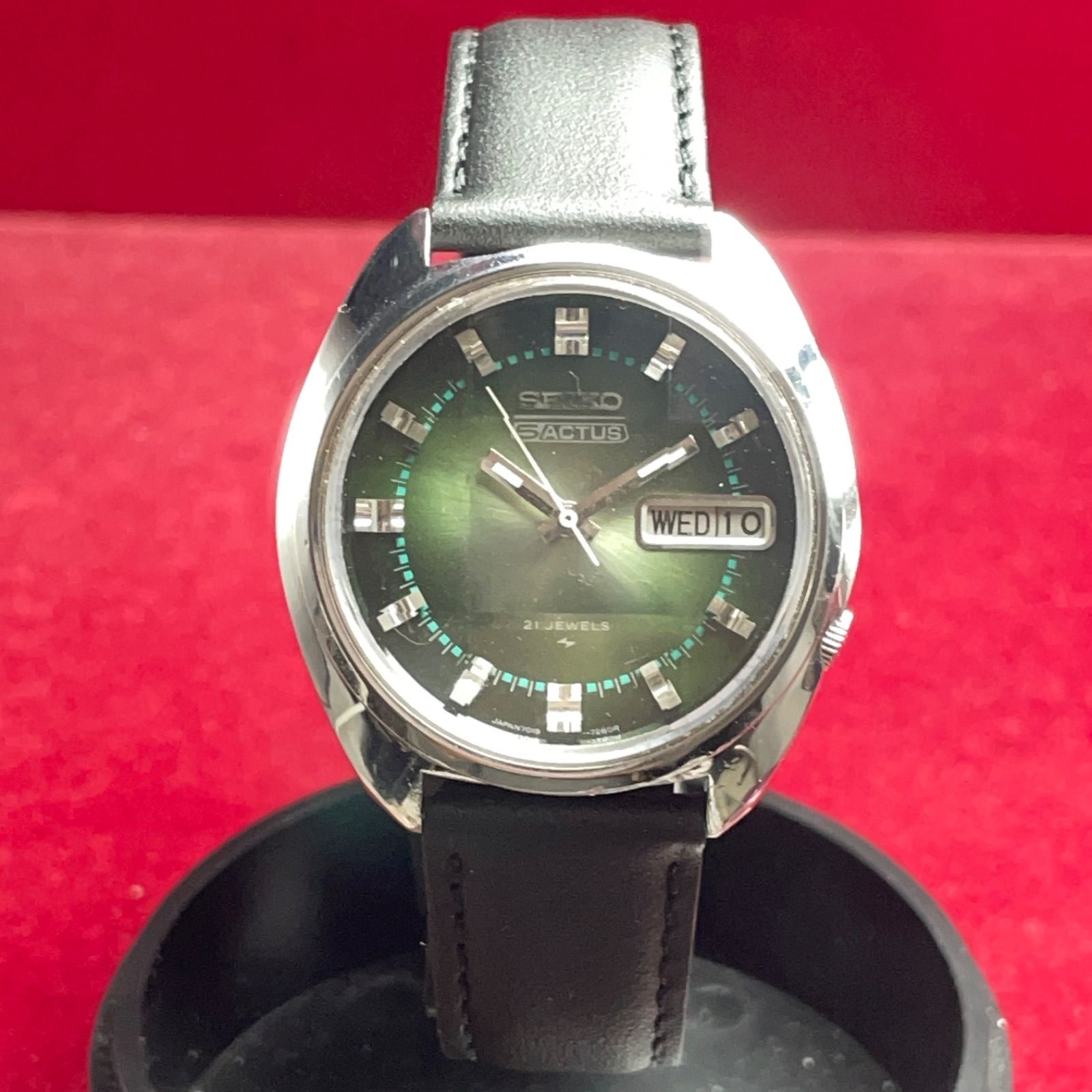 ★OH済 新品同様 70s SEIKO 自動巻 風防純正ガラス交換済 腕時計 9面ガラス風防純正新品 SEIKO 5 ACTUS 自動巻 日本製 革ベルト新品