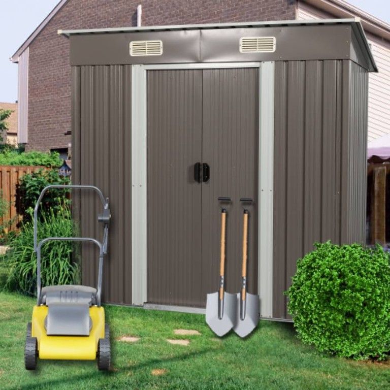 防錆 防水 屋外用スチール製ストレージシェッド 幅195 cm 奥行122 高さ180 強化床フレーム スライド両開きドア 換気口付 バルコニー|庭|裏庭 整理整頓 盗難防止