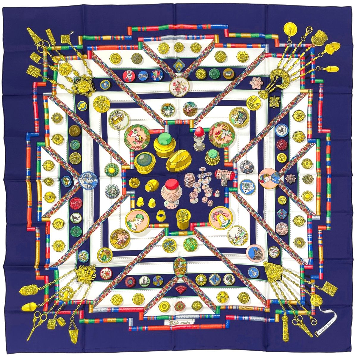 エルメス HERMES カレ 90 Pelile main お針子さん スカーフ シルク ネイビー マルチカラー レディース