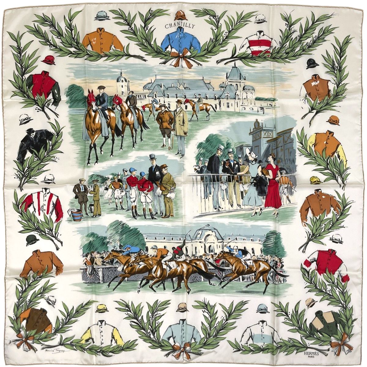 エルメス HERMES カレ 90 CHANTILLY 競馬場 スカーフ シルク ホワイト マルチ レディース
