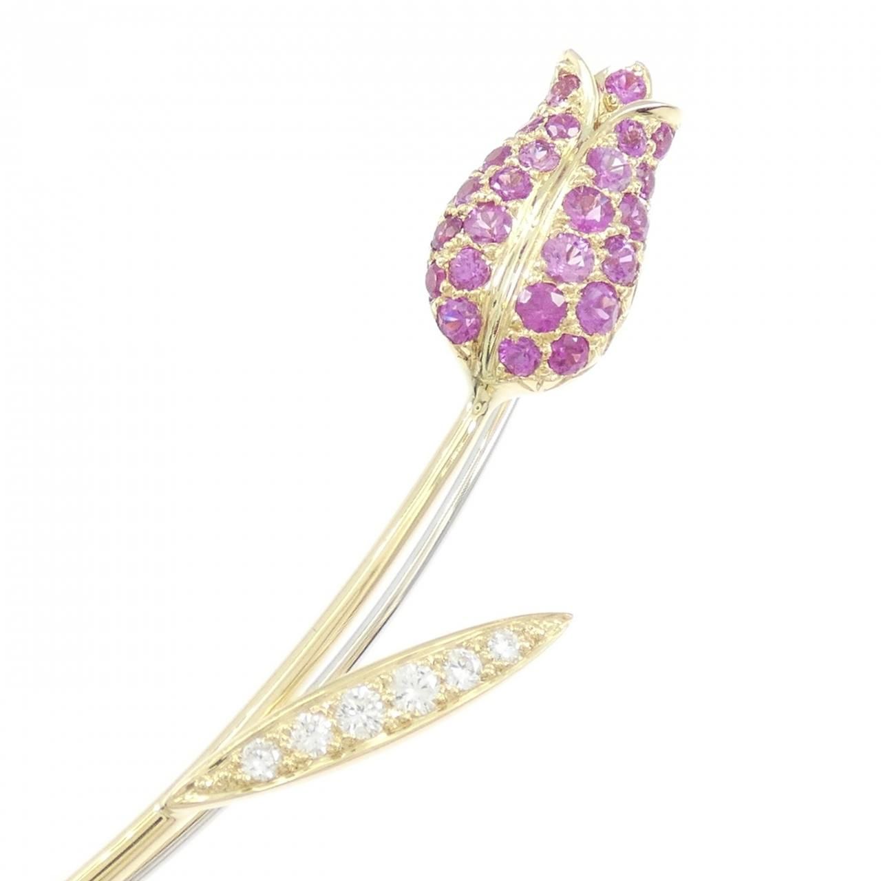 K 18 YG WG チューリップ サファイヤ ブローチ 0.80 CT