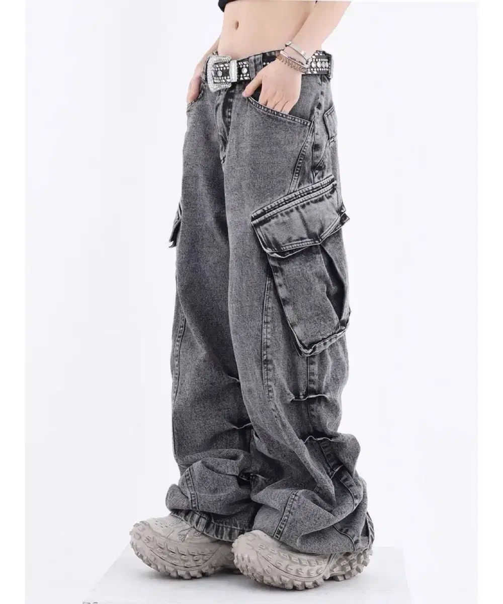 ウォッシュド デニム カーゴ ワイド パンツ PEOPLESTYLE ワイドデニム 