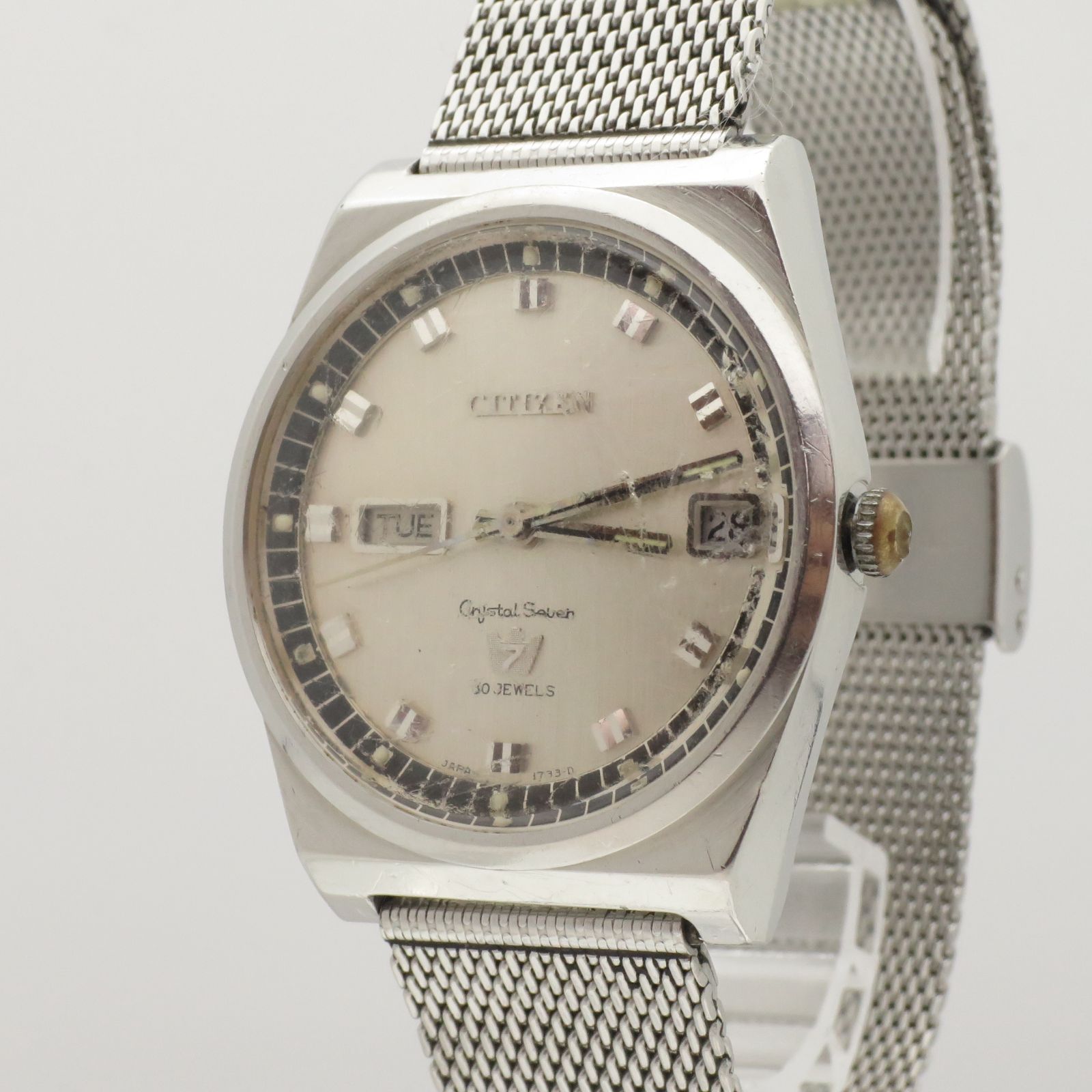 稼働品 クリスタルセブン シチズン メンズ腕時計 2939 TA 30石 自動巻 デイデイト ホワイト シルバー レトロ ヴィンテージ 廃盤