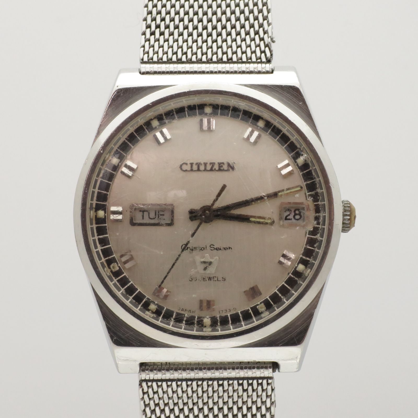 稼働品 クリスタルセブン シチズン メンズ腕時計 2939 TA 30石 自動巻 デイデイト ホワイト シルバー レトロ ヴィンテージ 廃盤