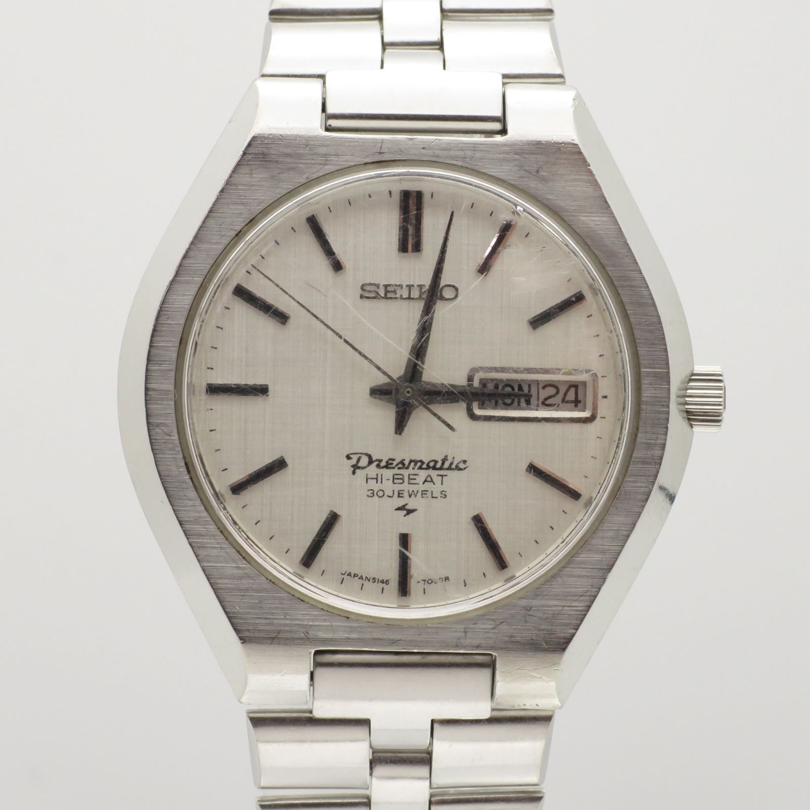 稼働品 プレスマチック セイコー メンズ腕時計 5146-7010 自動巻 30石 ホワイト シルバー ハイビート デイデイト レトロ ヴィンテージ第二精工舎製 亀戸