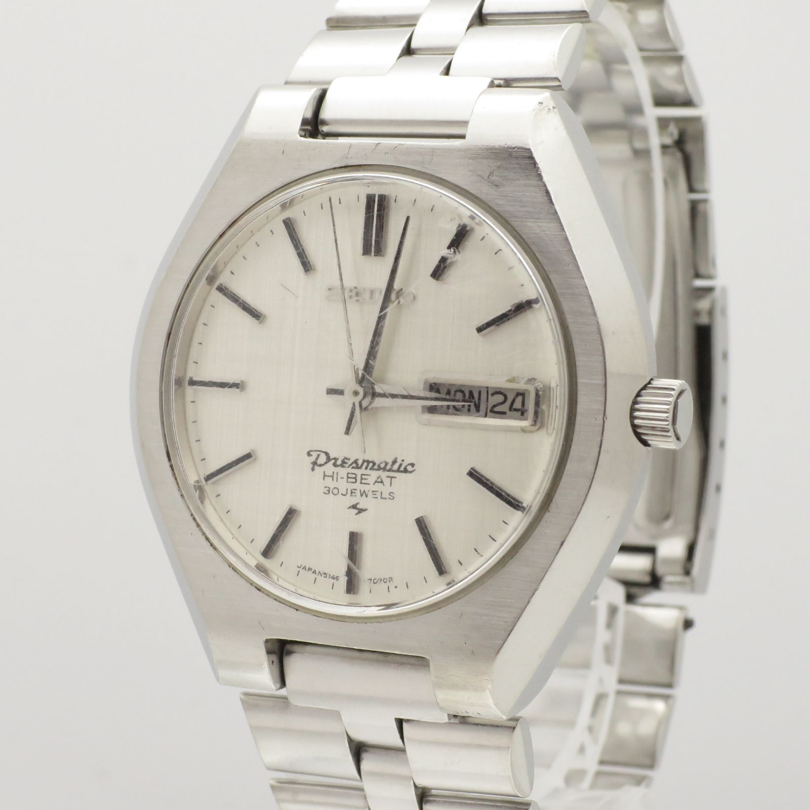 稼働品 プレスマチック セイコー メンズ腕時計 5146 7010 自動巻 30石 ホワイト シルバー ハイビート デイデイト レトロ ヴィンテージ第二精工舎製 亀戸