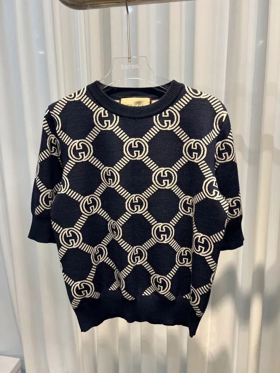 XS グッチ リバーシブル GG ウール ジャカード ダークブルー アイボリー 半袖ニット レディース
