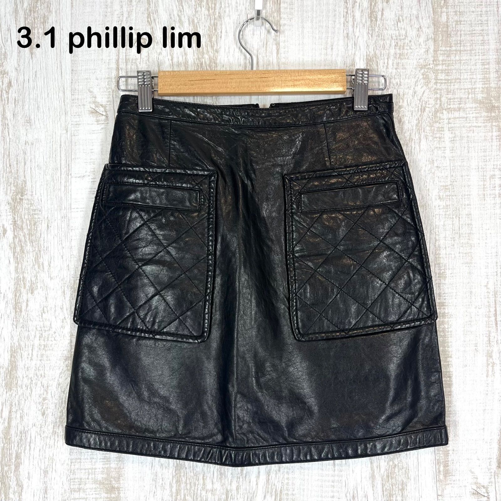 3.1 Phillip Lim スリーワンフィリップリム フロントファスナー ビッグポケット キルティング ラムレザー シルク ミニスカート ブラック