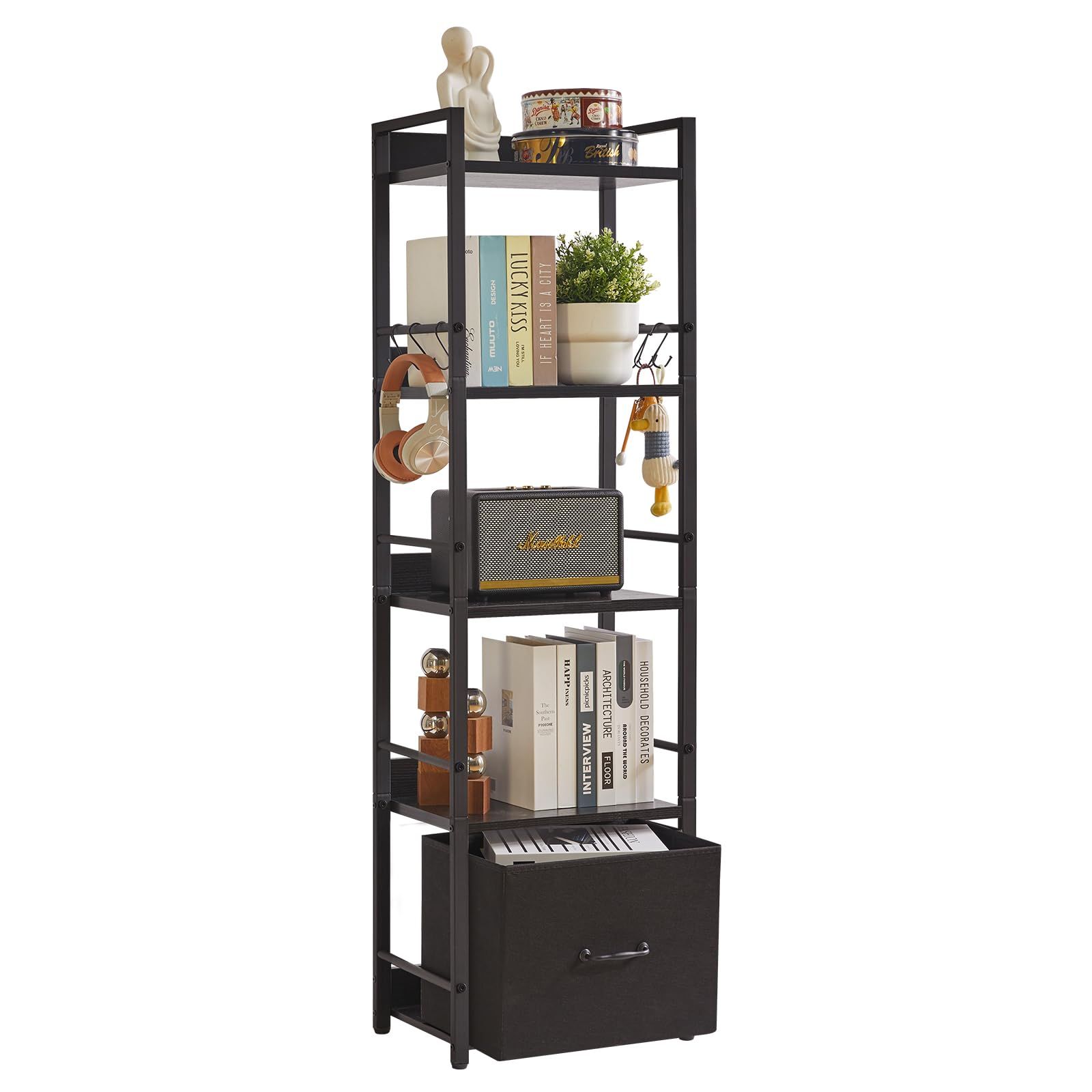 本棚 薄型 収納棚 大容量 幅39奥行26高さ136 cm オープンシェルフ ラック スリム 5段 収納ラック シューズラック 耐荷重75 kg 木目天板 鉄製フレーム 黒 YD BC 001 B