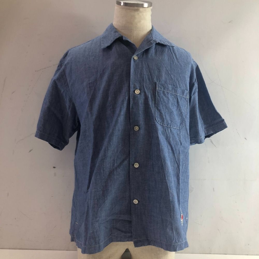 04 w 5513∞ GLAMOUR ヒステリックグラマー VIXEN GIRLワッペン オープン シャツ 半袖 ブルー サイズL 綿