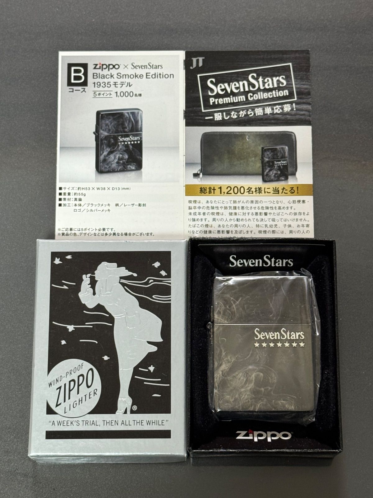 zippo Seven Stars Smoke Edition 外ヒンジ 品 2014年製 セブンスター 1935 七連星 特殊加工品 両面デザイン ケース 保証書