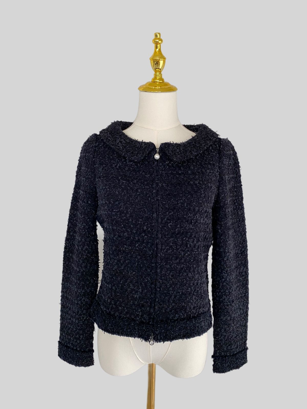 Rene ルネジャケット 38 ネイビー ラメスワロフスキー付パールスライダー アクリル