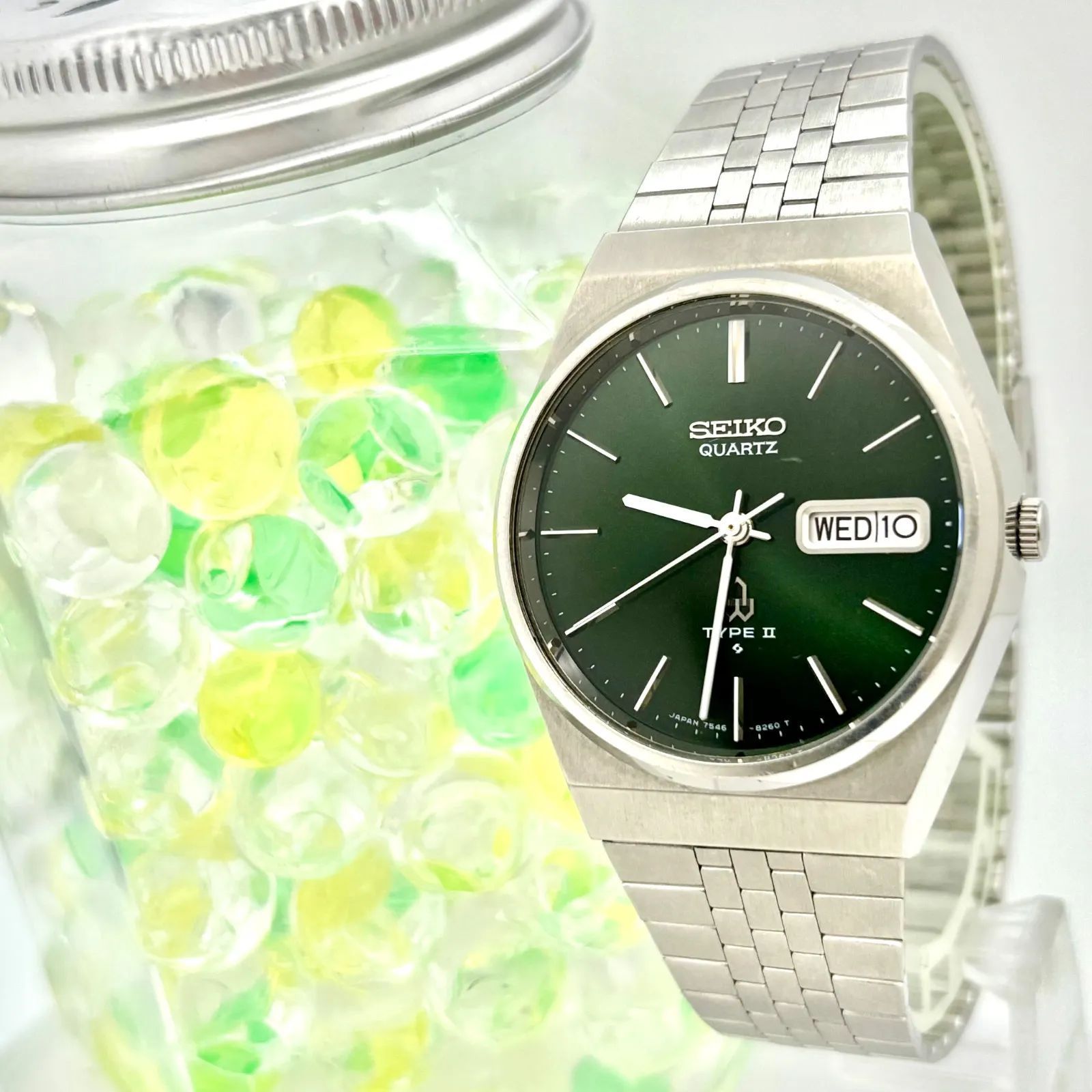 電池 SEIKO セイコー TYPEⅡ タイプ2 メンズ 腕時計 グリーン デイデイト シルバー 7546-8230 884734 ベルト 刻印あり