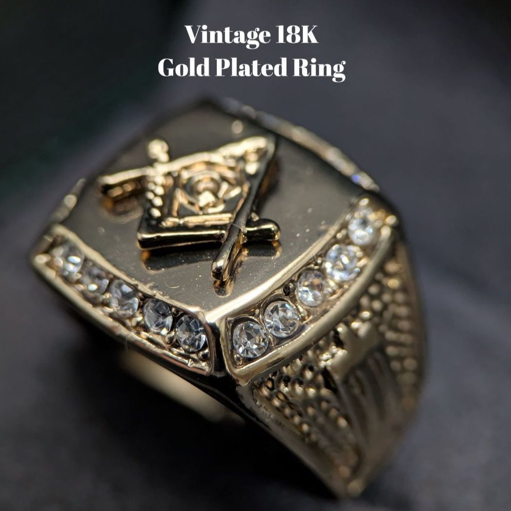 18Kゴールドメッキ ヴィンテージリング 21号 11.2g ラインストーン装飾 幾何学デザイン フリーメイソンリング ミリタリー