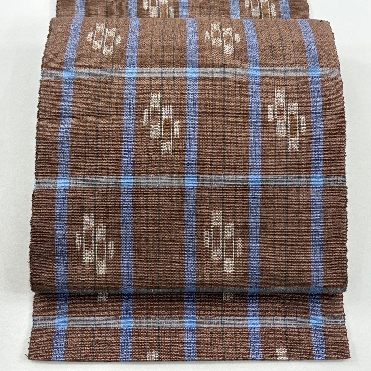 美品】 名古屋帯 逸品 八寸名古屋帯 格子 幾何学 茶色 正絹 【中古