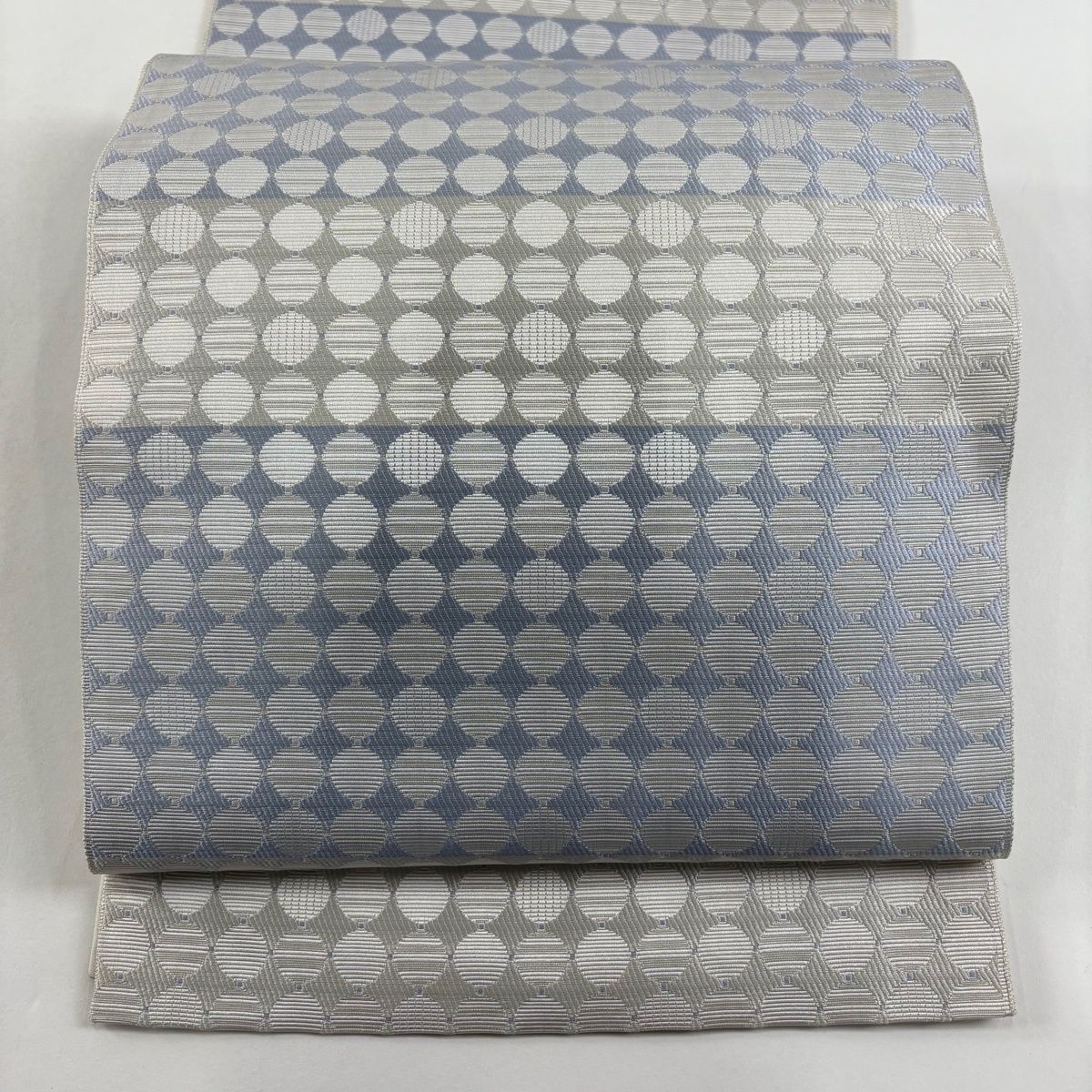 袋名古屋帯 名品 八寸名古屋帯 幾何学模様 段縞 銀糸 灰白 正絹 【中古