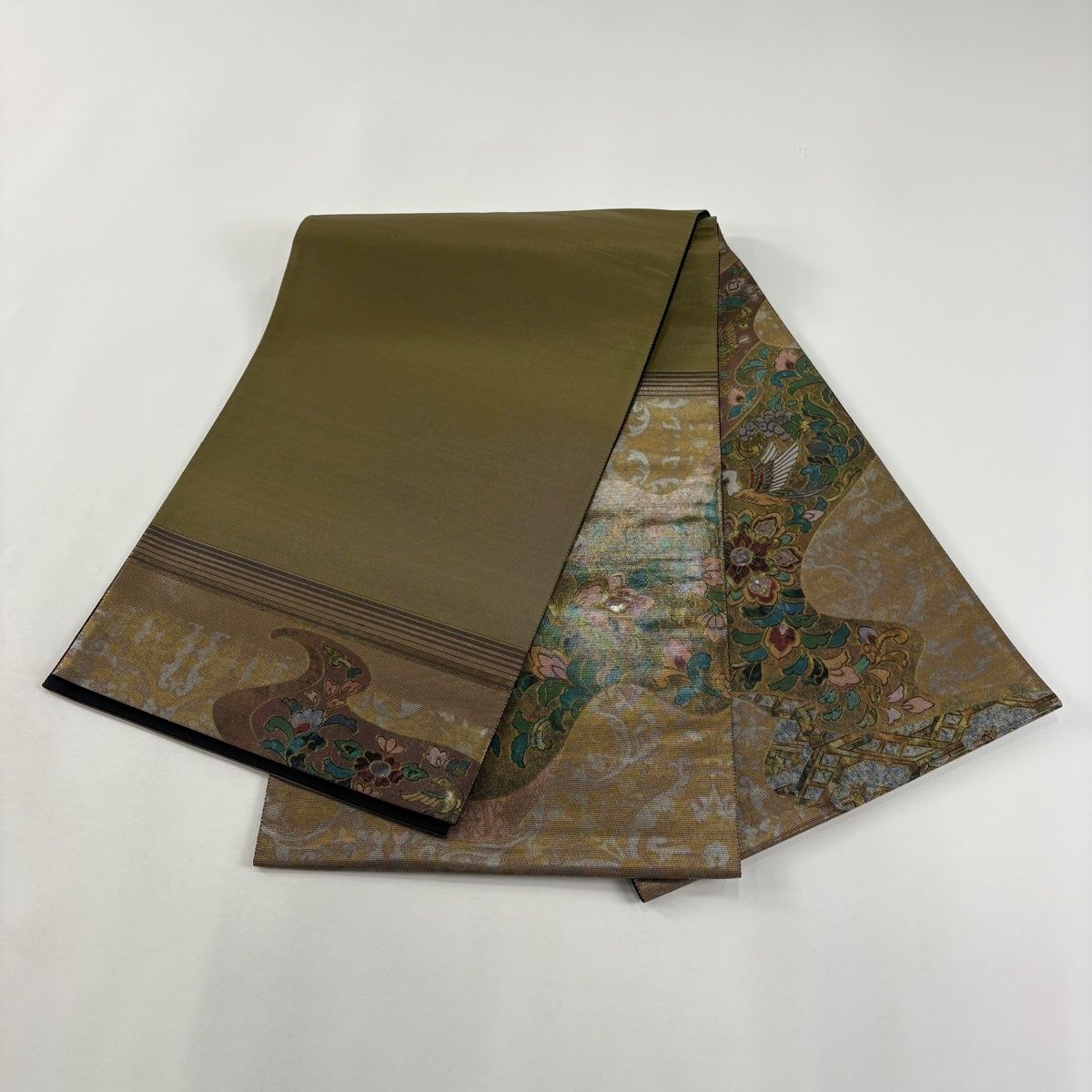 袋帯 名品 華文 花喰い鳥 螺鈿箔 茶緑色 お太鼓柄 正絹 【中古