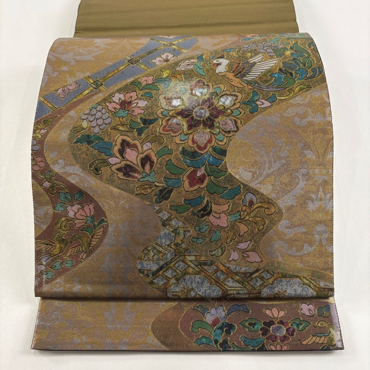 袋帯 名品 華文 花喰い鳥 螺鈿箔 茶緑色 お太鼓柄 正絹 【中古