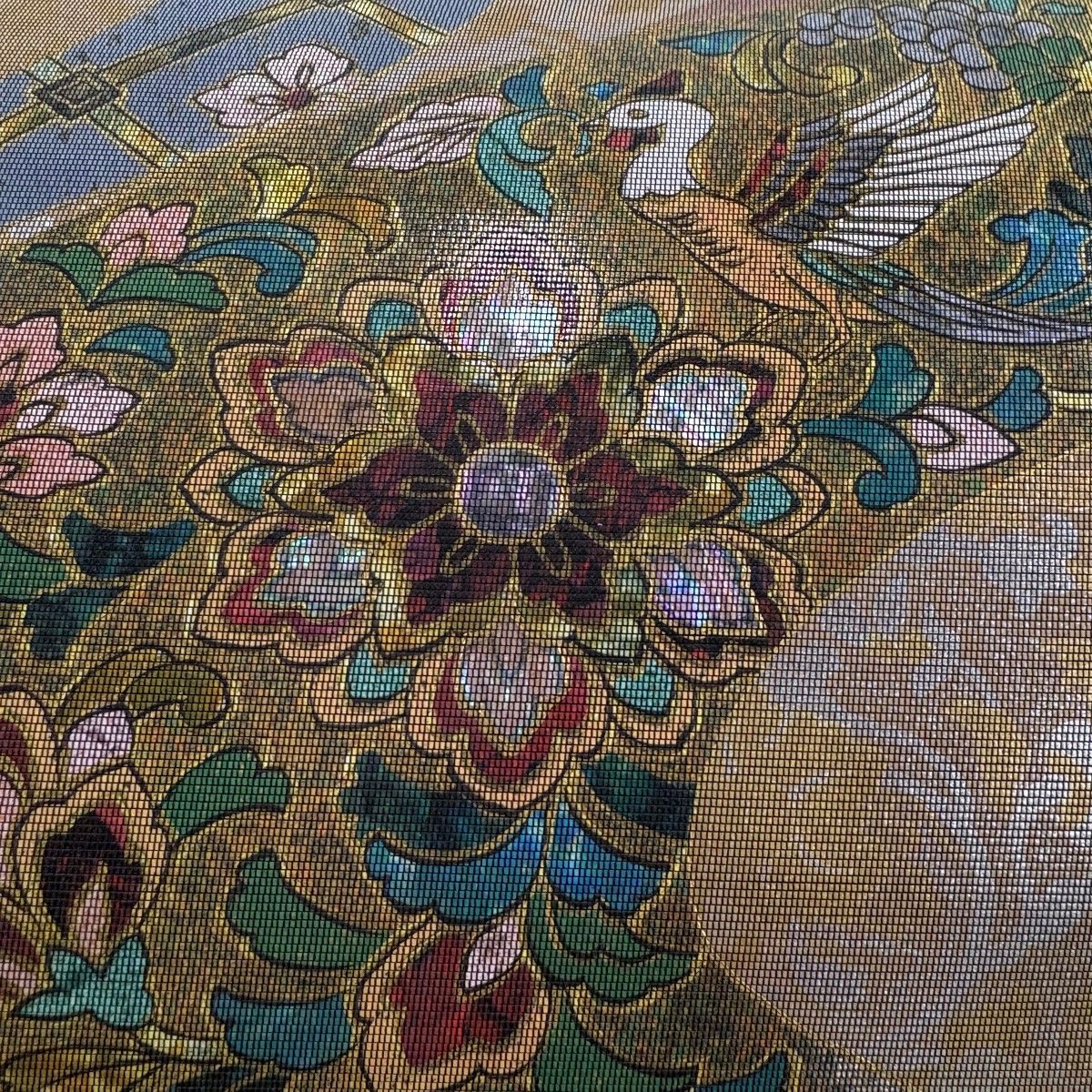 袋帯 名品 華文 花喰い鳥 螺鈿箔 茶緑色 お太鼓柄 正絹 【中古