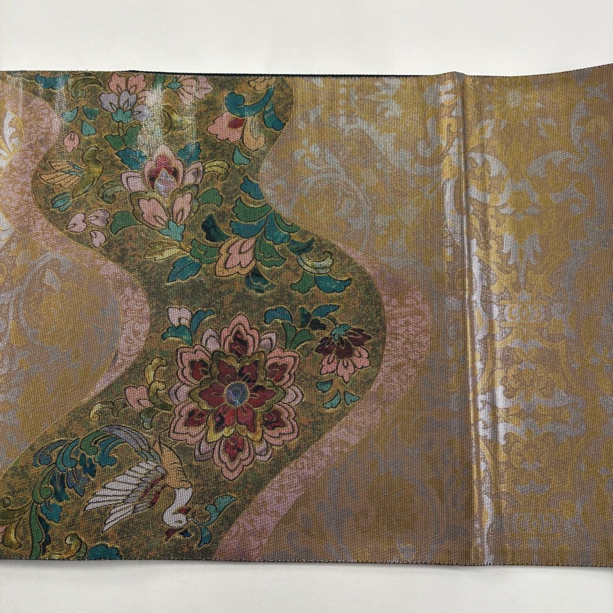 袋帯 名品 華文 花喰い鳥 螺鈿箔 茶緑色 お太鼓柄 正絹 【中古