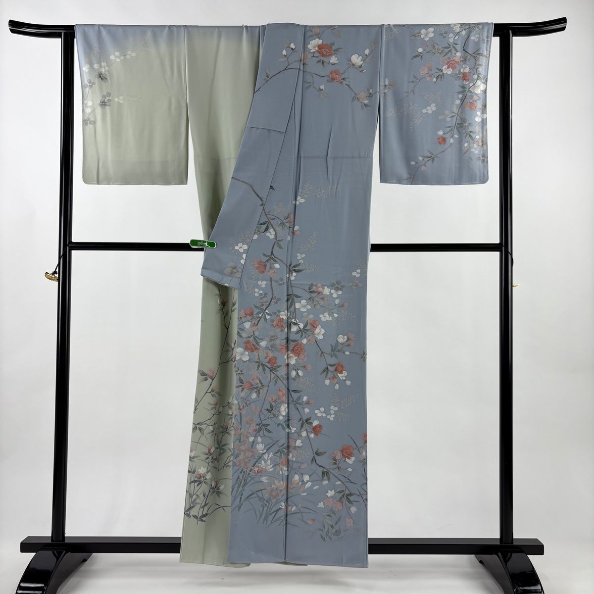 訪問着 身丈157.5cm 裄丈64cm M 袷 枝花 萩 染め分け 青灰色 正絹 逸品