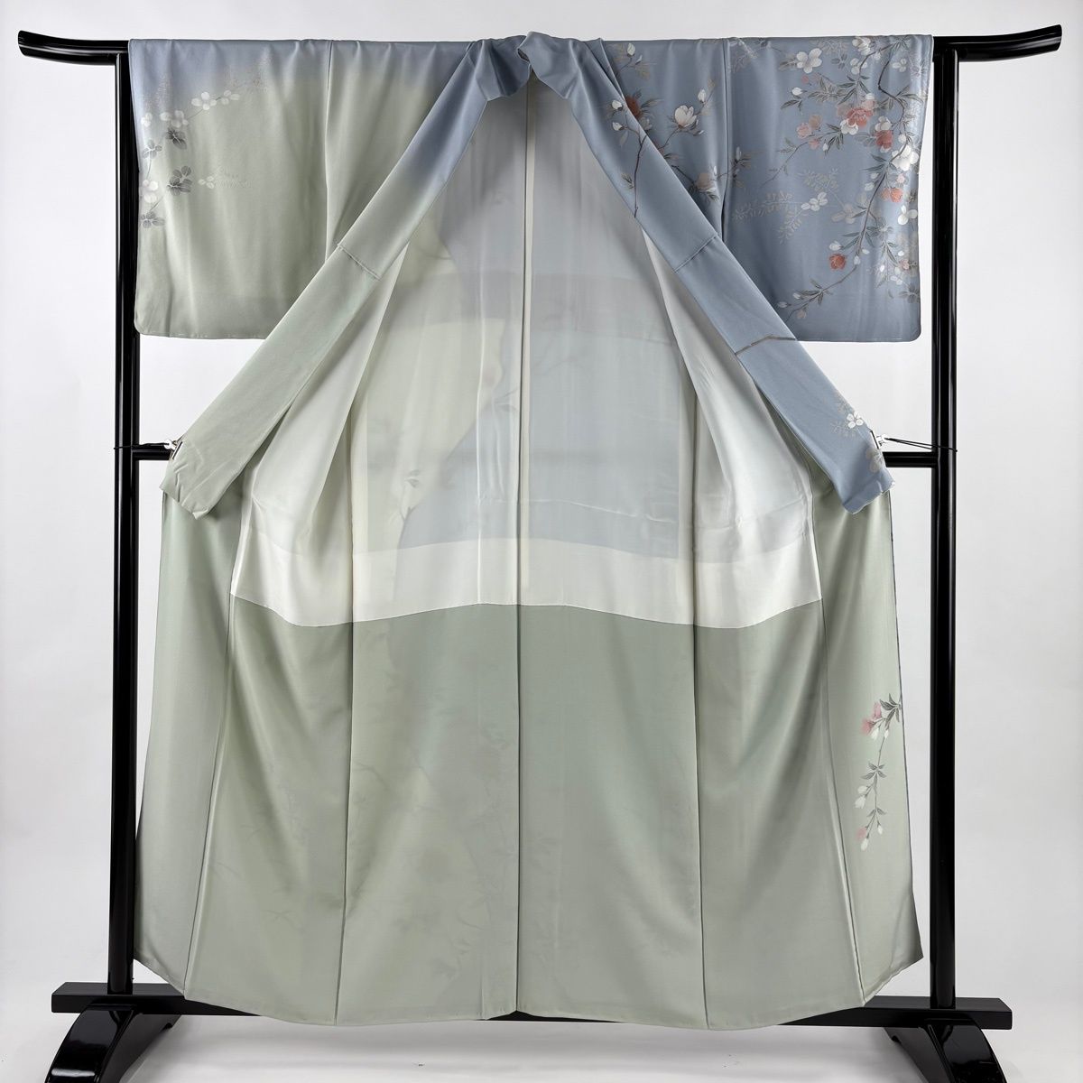 訪問着 身丈157.5cm 裄丈64cm M 袷 枝花 萩 染め分け 青灰色 正絹 逸品