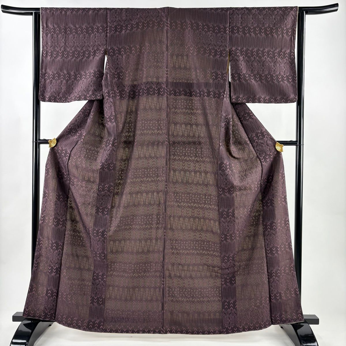 お召 身丈163 cm 裄丈63 S 袷 やまと 草花 葉柄 茶紫 正絹