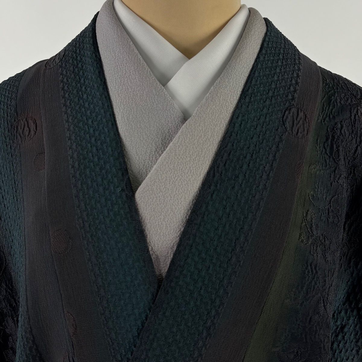  道中着 身丈94 cm 裄丈68 L 和装コート 落款 草花 縦縞 ぼかし 濃紺 正絹 羽織 着物 浴衣